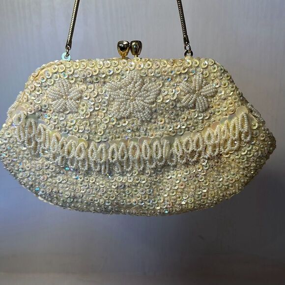 Vintage Hand Beaded Clutch Purse Beige Handbag Kisslock Handbag Gold Hardware - Picture 2 of 6